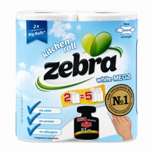 Кухненско руло White Mega Zebra – 2 бр | 3 пласта, 100% целулоза, 250 къса