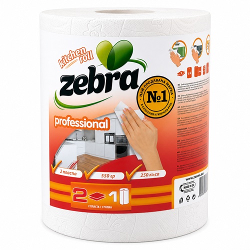 kuhnensko-rulo-zebra-professional Кухненско руло Professional Zebra – 1 бр | 2 пласта, 100% целулоза, 250 къса